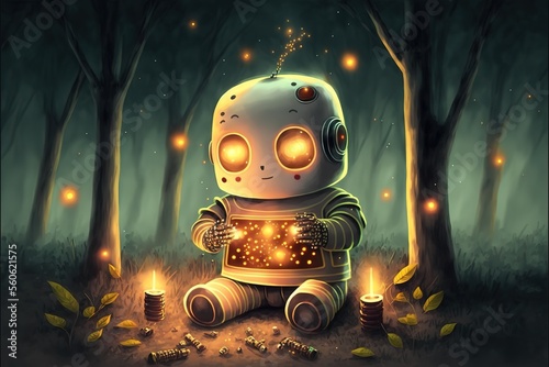 Cute little robot playing at night in the forest
