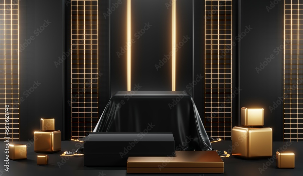 3D rendering of black podium background for black friday product on podium
