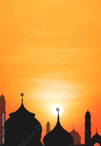 Silhouette Mosque domes against sunrise sky in the morning with beautiful orange sunlight in Iftar period during Ramadan Holy month