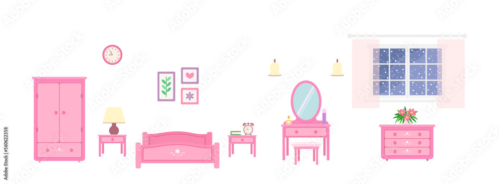 Bedroom with pink furniture on white background. Doll house interior