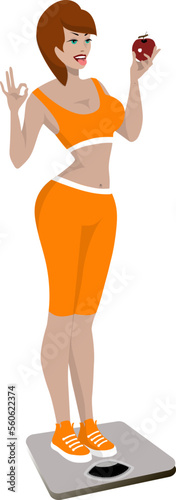 A slender girl with an apple in  hand is weighed on the scales. Shows language.Cartoon.