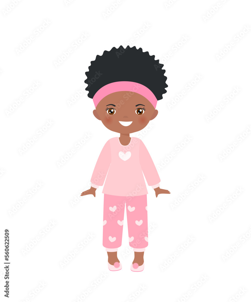 Cute African American chibi girl dressed in pajama. Isolated on white background. Doll house interior concept. Cartoon flat style. Vector illustration Cute African American chibi girl dressed in pajama. Isolated on white background. Doll house interior concept. Cartoon flat style. Vector illustration