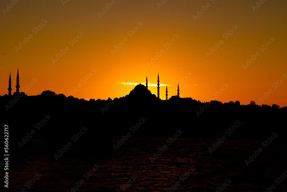 Istanbul at sunset. Suleymaniye Mosque silhouette.