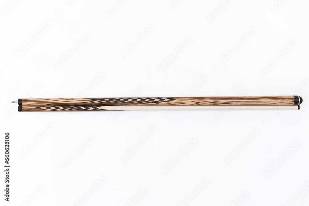 Billiard cues on a white background. Parts of a billiard cue close-up. Live photos of a billiard cue