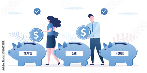 Married couple puts money in various piggy banks. Husband and wife have different priorities in saving money. Piggy bank and people save money safely for future. Family budget