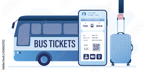 Mobile application for buying tickets online. Internet booking bus tickets. Bus, passenger holds suitcase and cell phone with app. Public transport, intercity transportation.