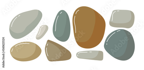 Beach pebbles set. Various shapes different colors. Vector Modern illustration isolated on white background. Beach, Spa, garden stones. Sea rocks. Minimalist shapes. Nature organic graphic elements.