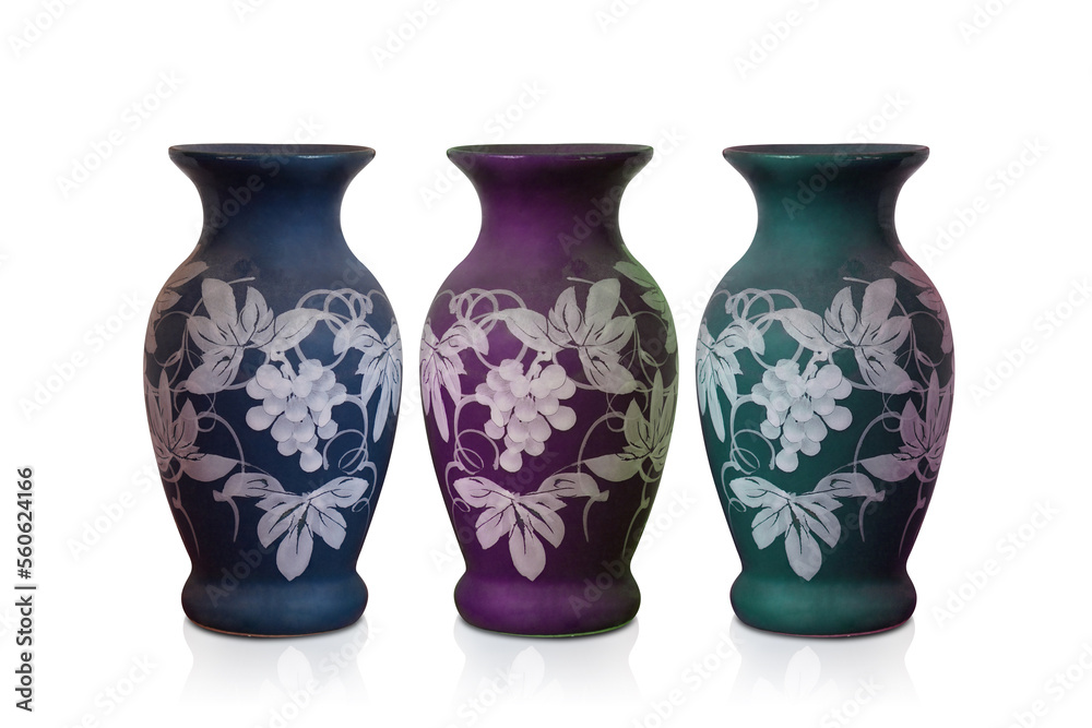 three ceramic vases color, blue, violet and purple on white background, object, old, decor, vintage, fashion, gift, copy space