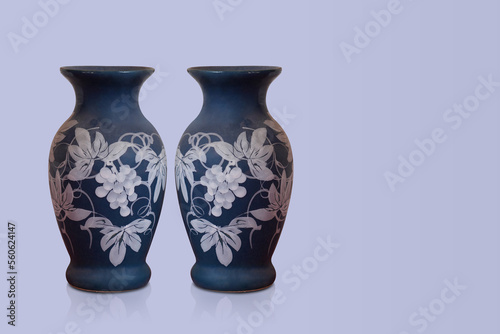 old two blue and white ceramic vases on viole background, object, retro, vintage, decor, copy space