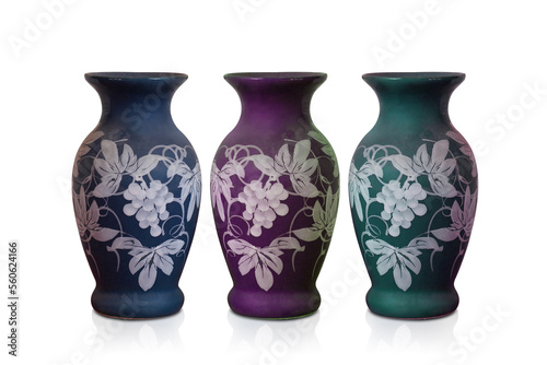 three ceramic vases color, blue, violet and purple on white background, object, old, decor, vintage, fashion, gift, copy space