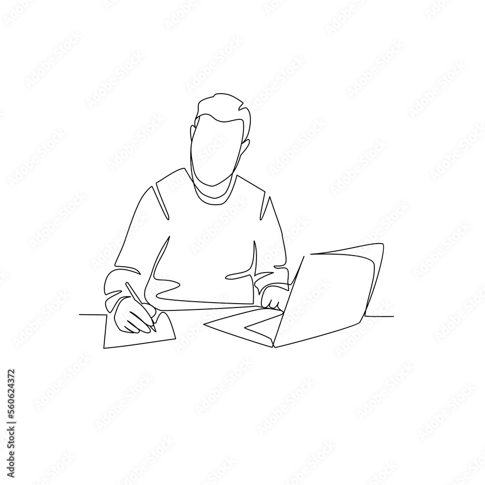 Vector illustration of a man working on a laptop drawn in line-art style Vector illustration of a man working on a laptop drawn in line-art style