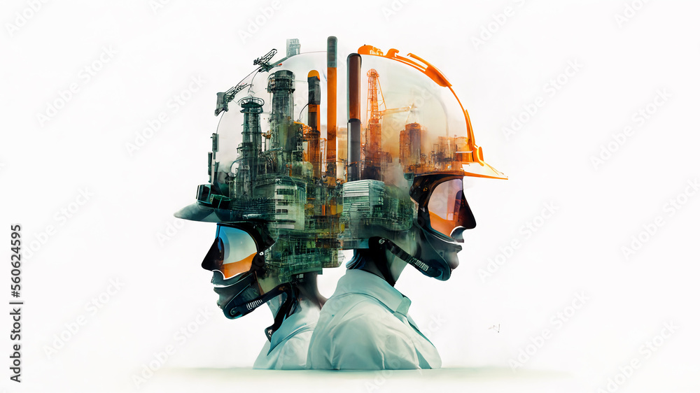 Future Gas mask of Oil refinery plant and Gas Industry construction engineering the devotion project with double exposure civil engineering design. Future modern construction projects. Generative AI