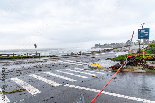Santa Cruz County, CA,USA on January 05, 2023. Bomb cyclones cause severe storm, severe flood damage; storm kills 2. Pier is down and evacuated to the coast of Capitola Wharf and Sea Cliff Pier. 