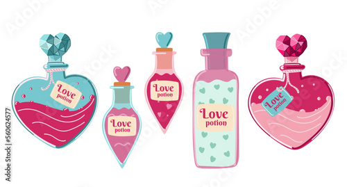 Love potions vector set. bottles of love drinks isolated on white background. Valentine s day concept illustration. Vector clipart for greeting cards, wedding invitations, party, birthday cards.
