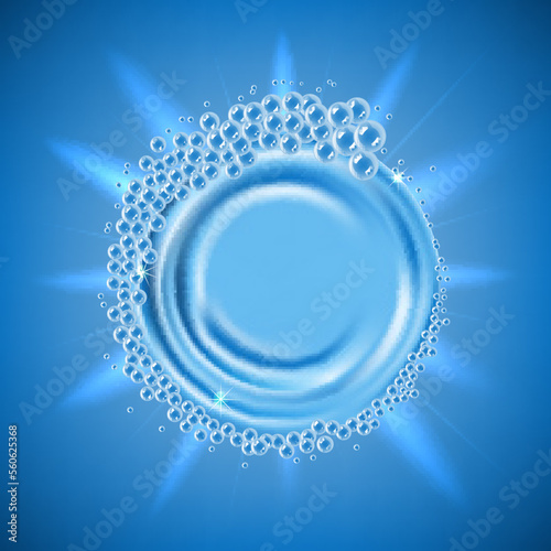 Blue whirlpool of water, soap bubbles swirl in a circle, a template for packaging detergents.