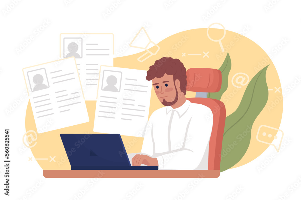 Looking through CVs 2D vector isolated illustration. HR manager reviewing candidate resumes flat character on cartoon background. Colorful editable scene for mobile, website, presentation Looking through CVs 2D vector isolated illustration. HR manager reviewing candidate resumes flat character on cartoon background. Colorful editable scene for mobile, website, presentation