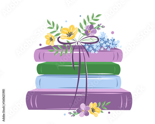 Books with spring flowers on white background.  Design for spring greeting card, bookstore, library.  Vector illustration