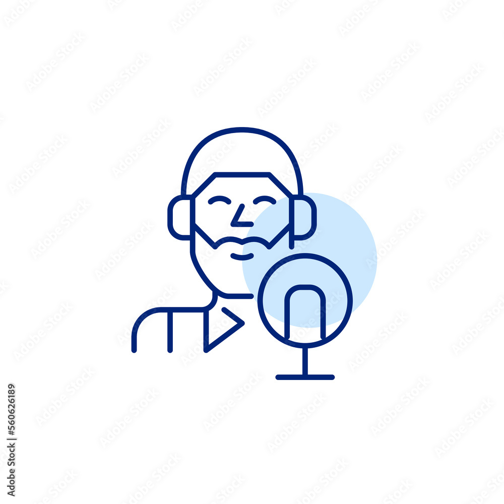 Smiling bearded guy in headphones making a podcast. Pixel perfect, editable stroke line icon