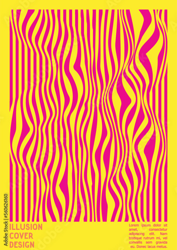 Fototapeta Naklejka Na Ścianę i Meble -  Geometrical Poster Design with Optical Illusion Effect.  Modern Psychedelic Cover Page Collection. Colourful Wave Lines Background. Fluid Stripes Art. Swiss Design. Vector Illustration for Brochure.