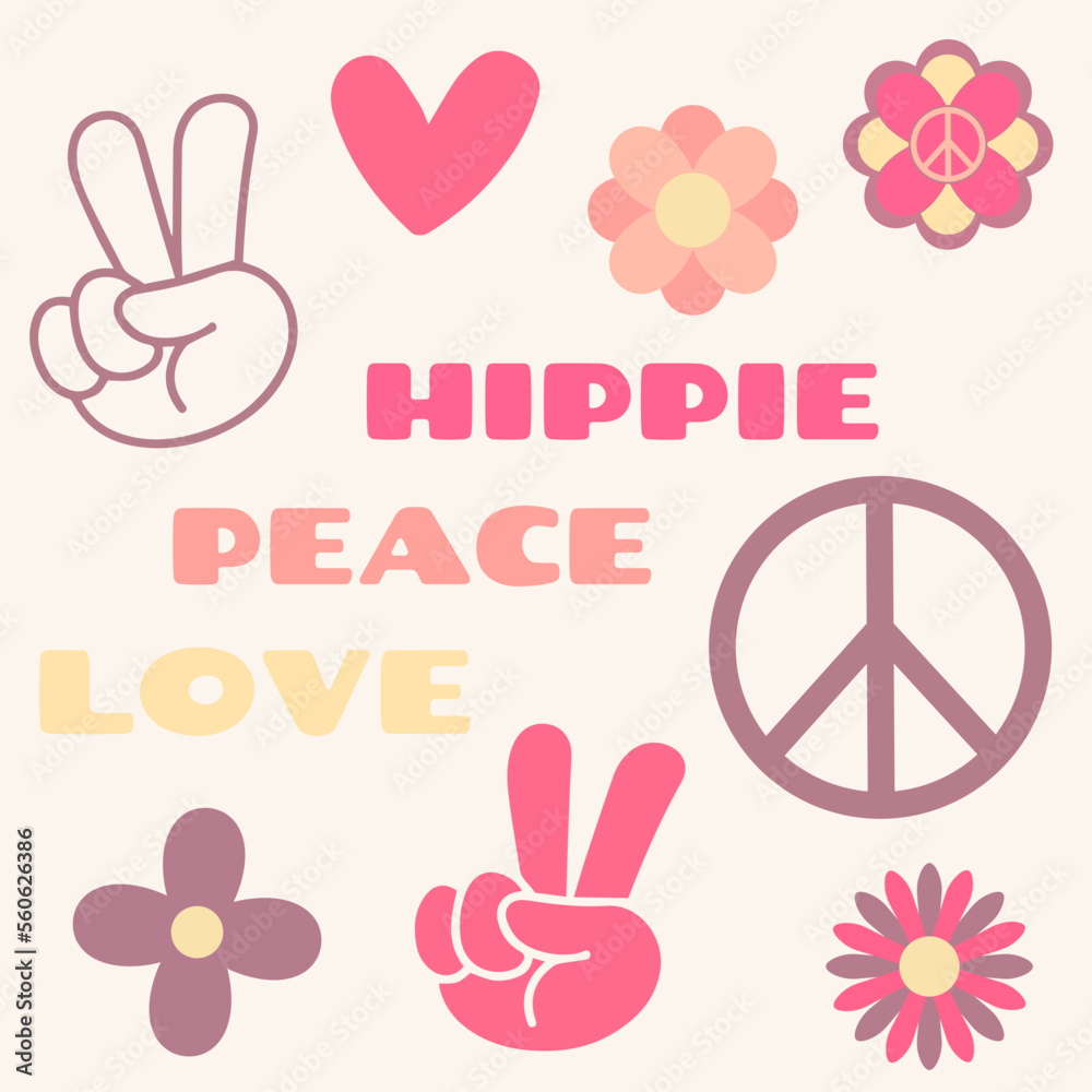 Icon, sticker in hippie style with text Love, Peace, Hippie and hearts, victory signs, flowers in retro style.. Icon, sticker in hippie style with text Love, Peace, Hippie and hearts, victory signs, flowers in retro style..