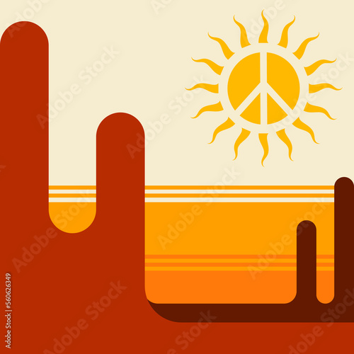 Icon, sticker in hippie style with abstract landscape with sun and peace sign in retro colors.