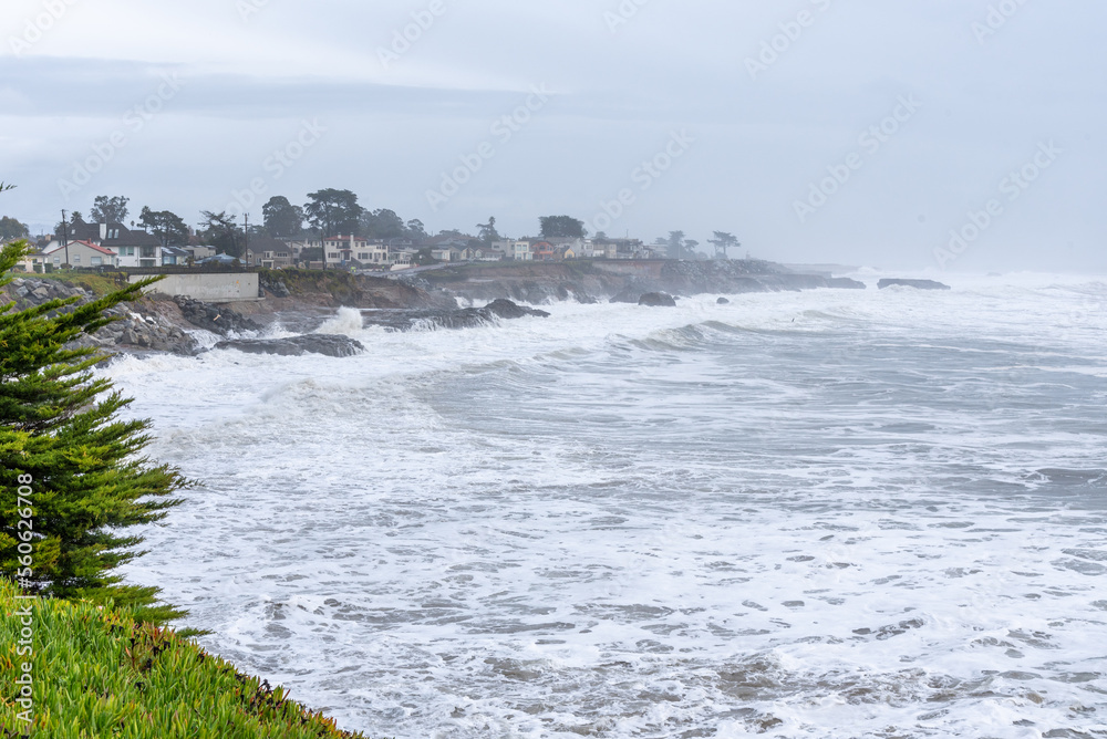 Santa Cruz County, CA,USA on January 05, 2023. Bomb cyclones cause severe storm, severe flood damage; storm kills 2. Pier is down and evacuated to the coast of Capitola Wharf and SeaCliff Pier.


