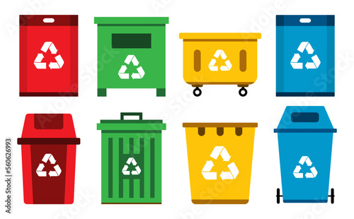 Trash bin icons flat design bundle collection. Waste garbage recycle sustainability symbol illustration.