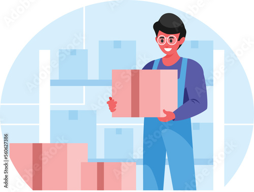 Deliveryman with box. Young guy in warehouse chooses right package and goods. Logistics and transportation, online shopping and home delivery. Vector illustration