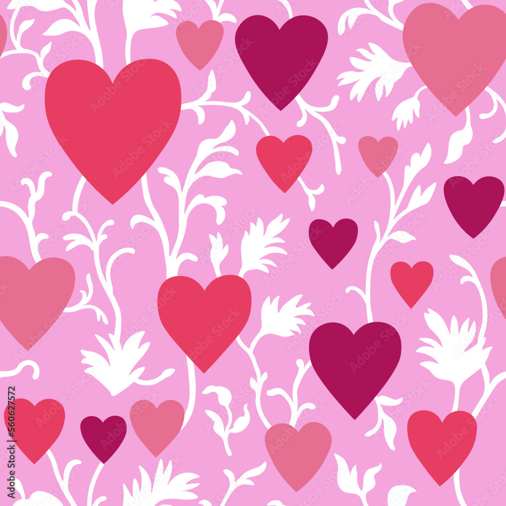 Vector pattern with hearts. Pattern for Valentine's Day. Heart pattern with white flowers on a pink background .