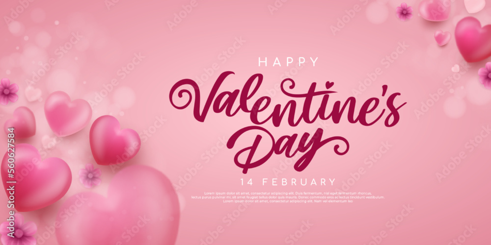3d heart design banner for valentine day with text space and pink background
