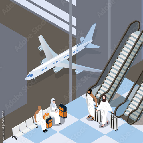 Islamic pilgrims at airport waiting for pilgimage trip to Mecca isometric 3d vector illustration concept for banner, website, illustration, landing page, flyer, etc. photo