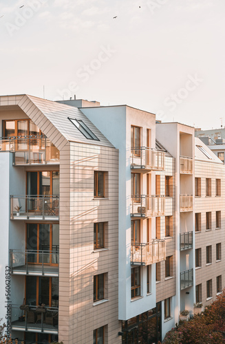 Modern architecture building. Contemporary low-rise flat house. Concept of sustainable future living.