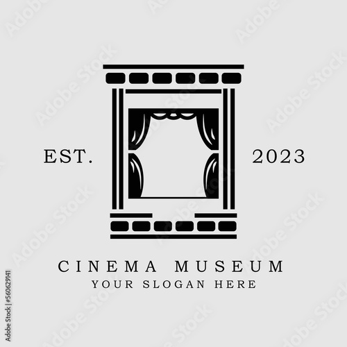movie museum logo. Movie, museum, theater symbol silhouette pictogram design. Simple flat monochrome icon illustration. Cinema movie building logo design illustration.