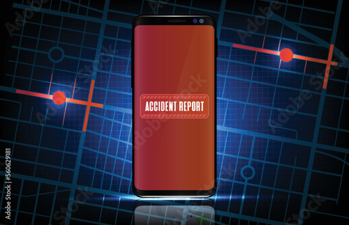 abstract background of futuristic accident report on mobile app and maps route road navigation location hud ui screen