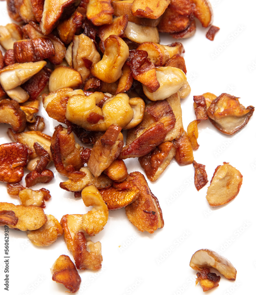 Fried mushrooms isolated on white background.