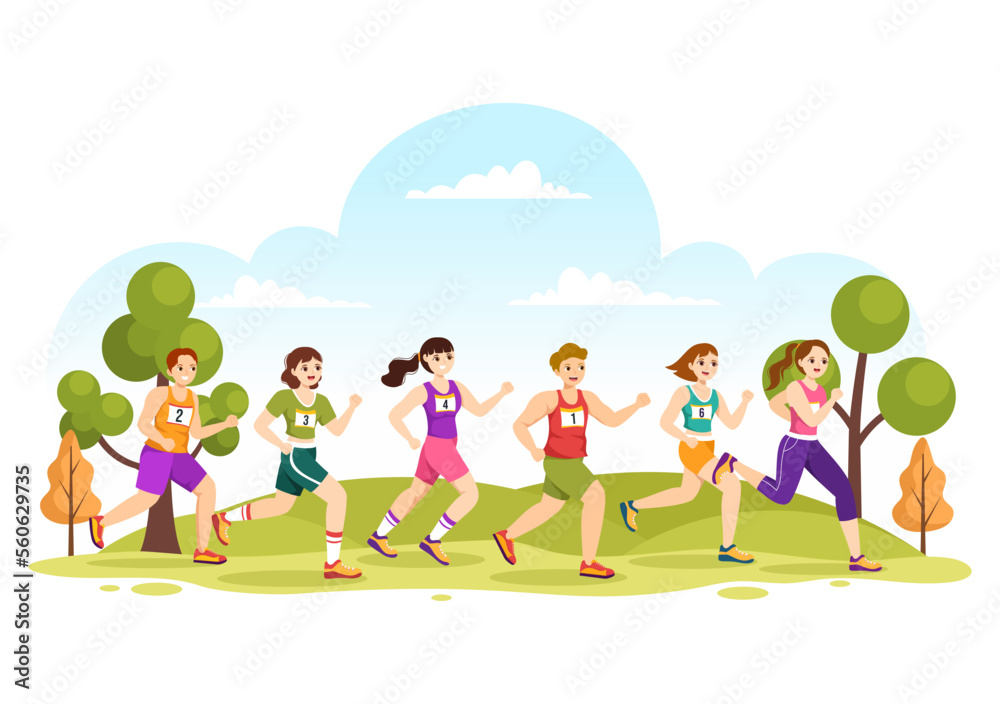Fototapeta premium Marathon Race Illustration with People Running, Jogging Sport Tournament and Run to Reach the Finish Line in Flat Cartoon Hand Drawn Template