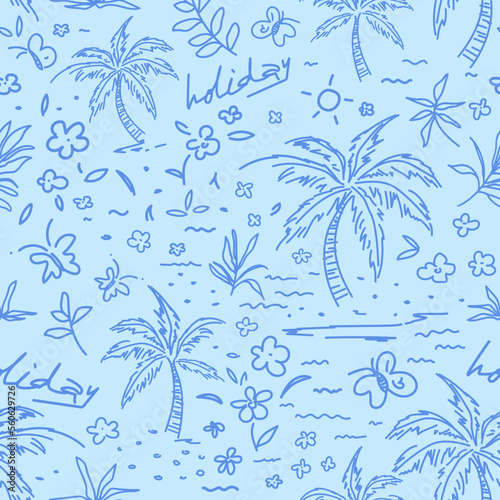 Summer Print Palm Tree Doodle With Flower Draw Tropical Beach illustration Vector On Sky Blue Wallpaper Background