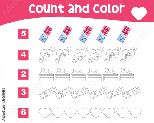 Counting and coloring worksheet for children. Preschool worksheet activity. Valentine theme. Vector file.