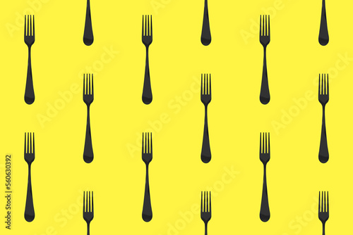 pattern. Fork top view on yellow background. Template for applying to surface. Horizontal image. Flat lay. 3D image. 3D rendering.
