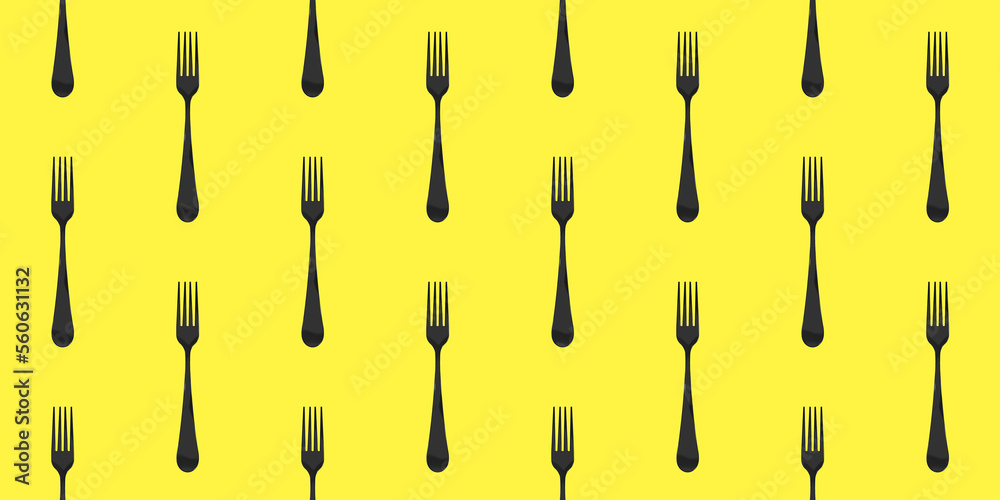 pattern. Fork top view on yellow background. Template for applying to surface. Horizontal image. Flat lay. Banner for insertion into site. 3D image. 3D rendering.