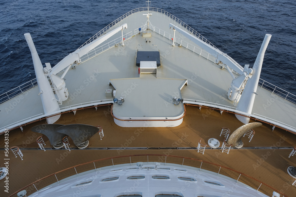 View from deck over bow and side of legendary Cunard luxury ocean liner Queen Mary 2 cruise ship