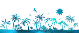 Hand Drawn Tropical Island . Blue palm trees abstract. Horizontal seascape Vector illustration