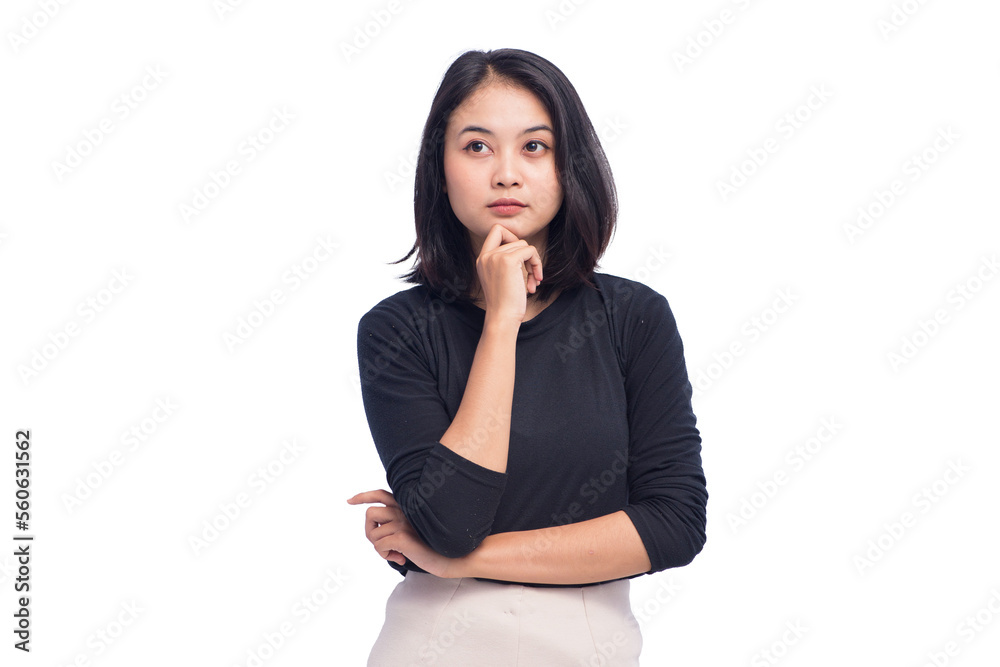 Young Business Woman Standing with Thinking Gesture Young Business Woman Standing with Thinking Gesture