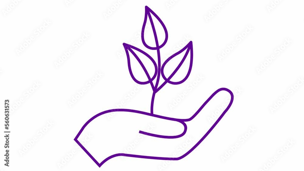 Linear ecology icon. Tree sprout in hand. The violet symbol is drawn gradualaty. Looped video. Concept of ecology care, saving the nature, harvest. Vector illustration isolated on white background. Linear ecology icon. Tree sprout in hand. The violet symbol is drawn gradualaty. Looped video. Concept of ecology care, saving the nature, harvest. Vector illustration isolated on white background.