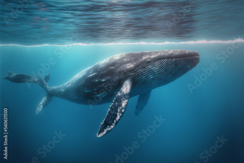A Baby Humpback Whale Plays Near the Surface in Blue Water. generative ai © Neda Asyasi