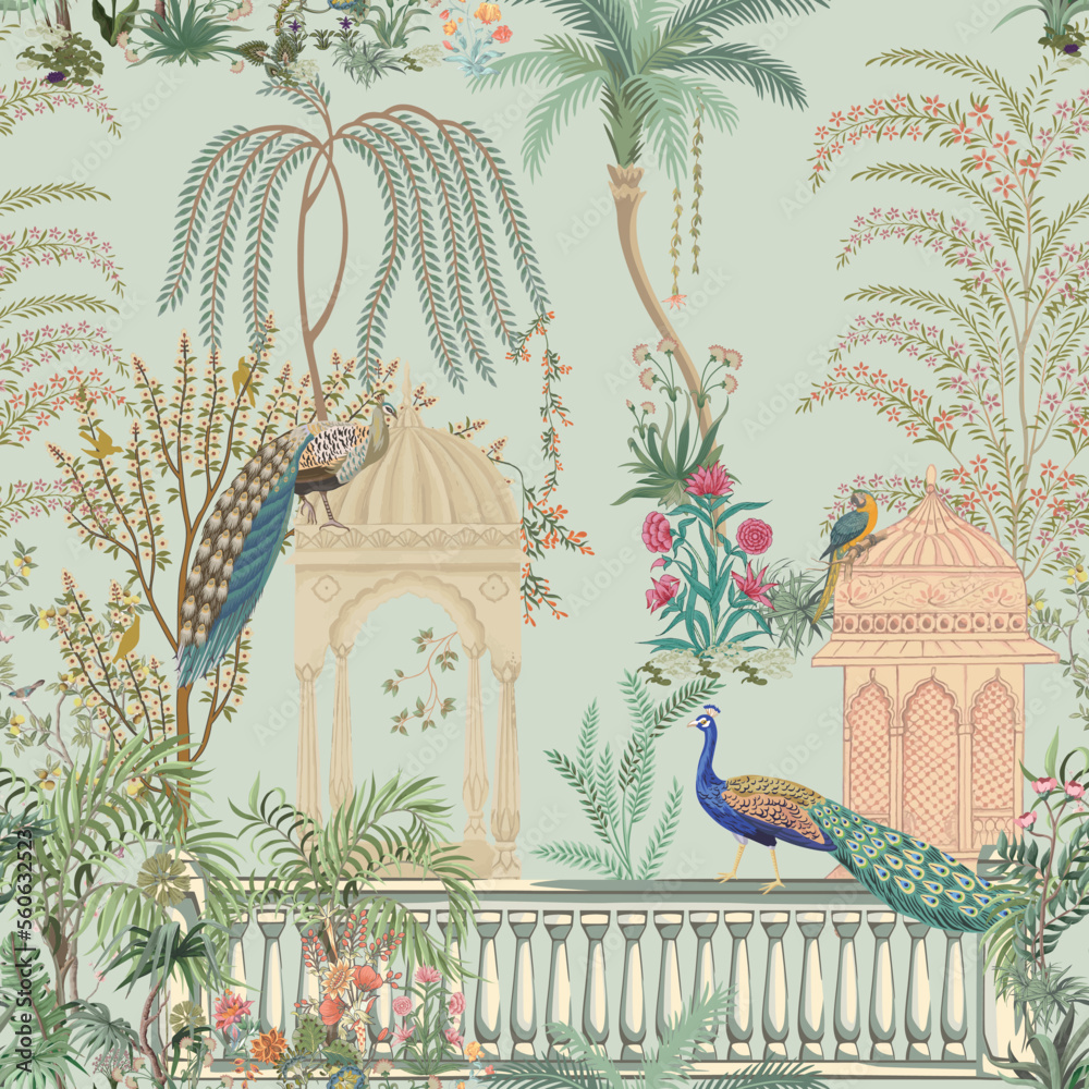 Traditional Mughal garden, arch, peacock, plant and bird vector illustration seamless pattern