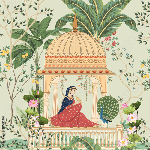 Print op canvas Traditional Mughal queen sitting in garden, arch, temple, lamp, bird vector illu
