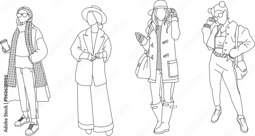 set of sketch vector illustrations of fashionably dressed teenage models