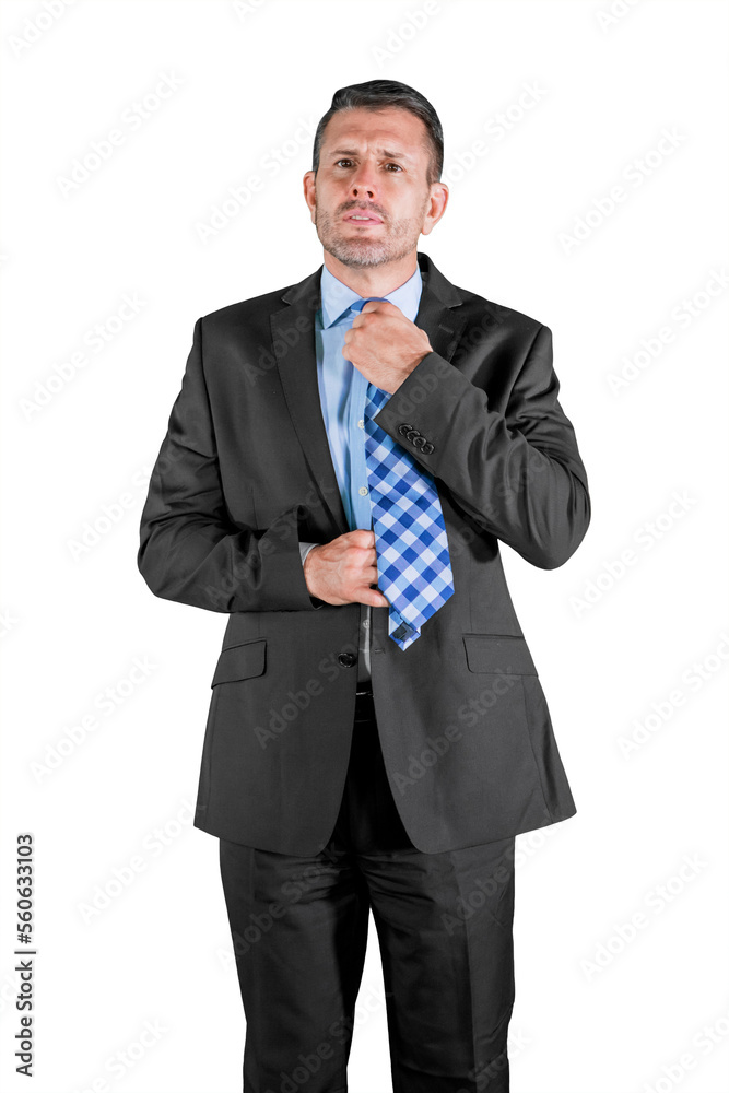 businessman in grey suit tying the necktie isolated over white background businessman in grey suit tying the necktie isolated over white background