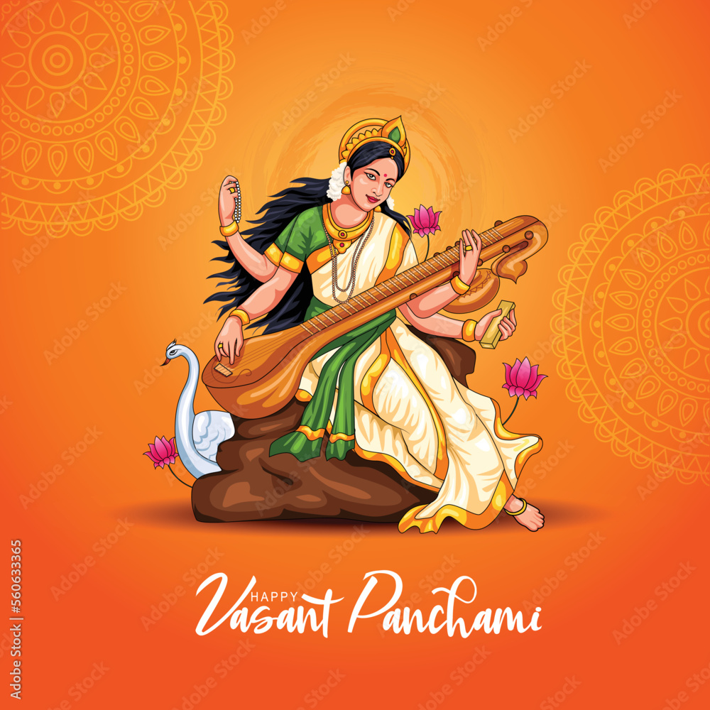 Sarasvati for happy Vasant Panchami Puja of India. poster, banner, flyer vector illustration design